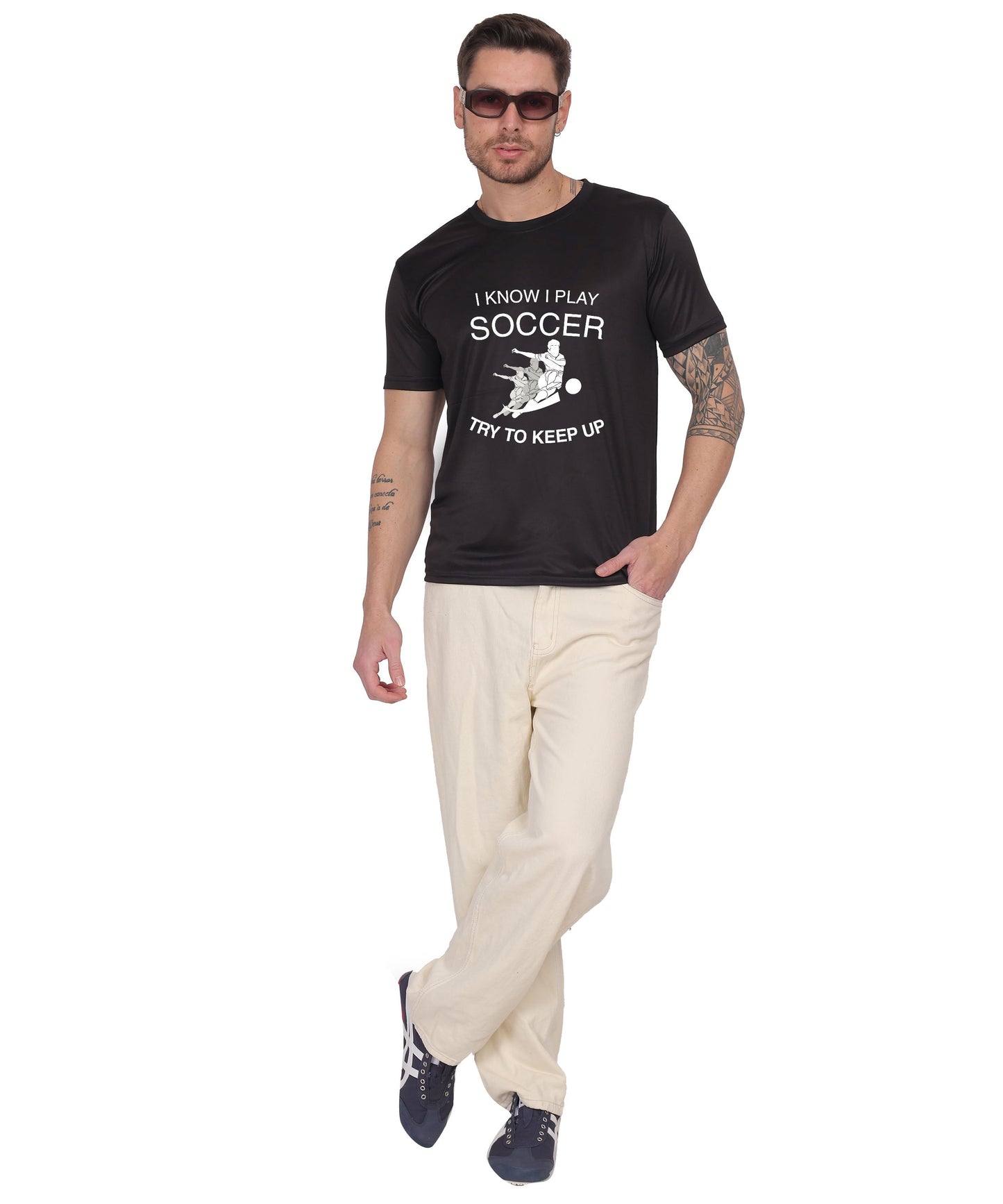 Soccer Graphic T-Shirt, I Know I Play Soccer Try to Keep Up Design, Red, Short Sleeve