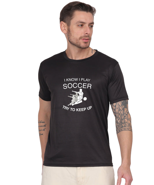 Soccer Graphic T-Shirt, I Know I Play Soccer Try to Keep Up Design, Red, Short Sleeve