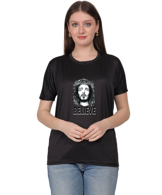 Religious Graphic T-Shirt, Red Cotton Blend, Short Sleeve, Believe Design