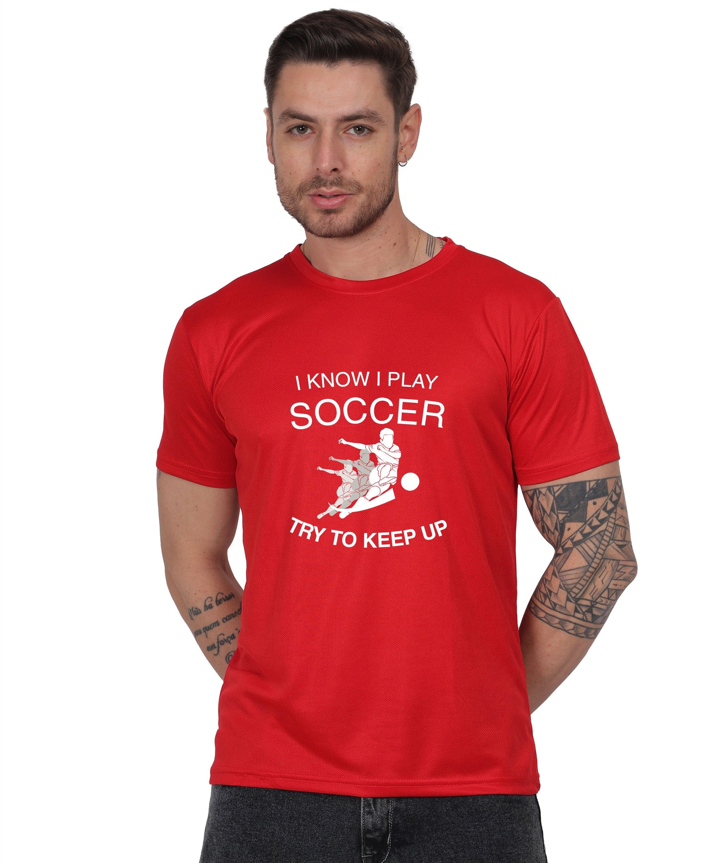 Soccer Graphic T-Shirt, I Know I Play Soccer Try to Keep Up Design, Red, Short Sleeve