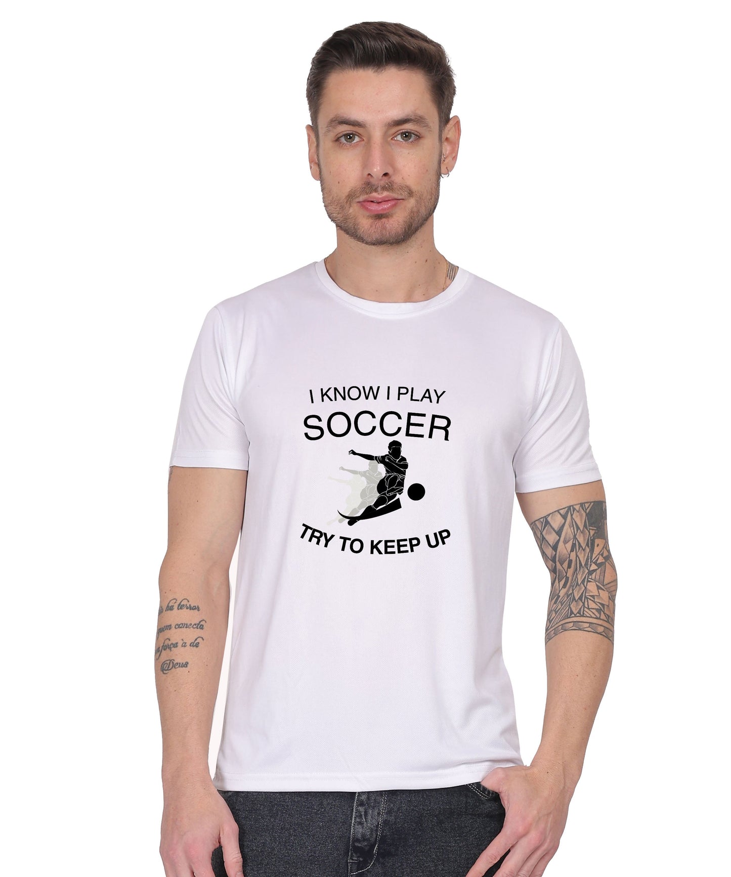 Soccer Graphic T-Shirt, I Know I Play Soccer Try to Keep Up Design, Red, Short Sleeve